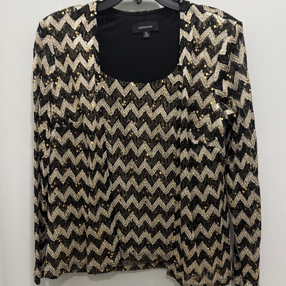 2-Piece Gold Black Sequin Dressy Jacket Top, Size 12 NWT